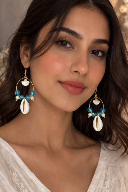Bohemian Cowrie Shell & Blue Beaded Hoop Earrings for Women - Shellkrafts