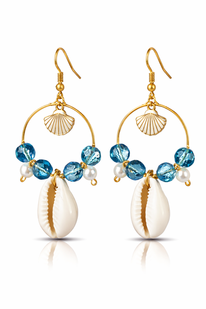 Bohemian Cowrie Shell & Blue Beaded Hoop Earrings for Women - Shellkrafts