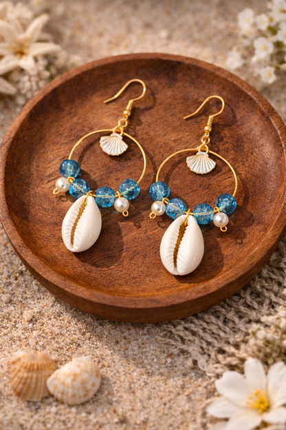 Bohemian Cowrie Shell & Blue Beaded Hoop Earrings for Women - Shellkrafts