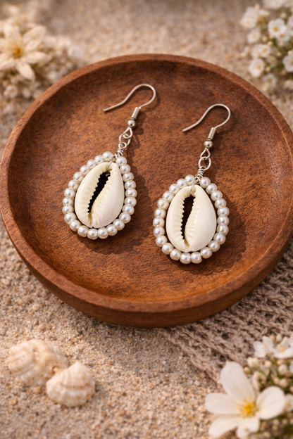 Cowrie Shell & Pearl Drop Earrings for Women - Shellkrafts
