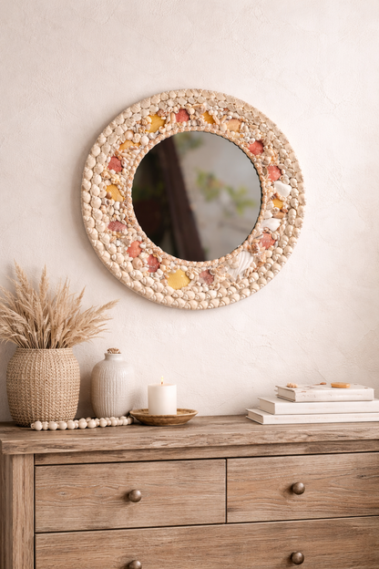 ShellAura Seashell Round Mirror – Beach-Inspired Handmade Home Décor - Shellkrafts