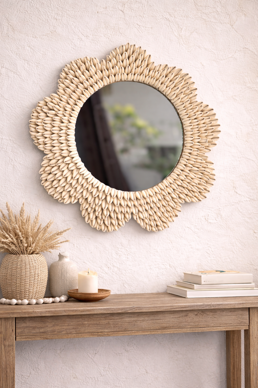 Sunflower Cowrie Shell Wall Mirror – Handcrafted Coastal Boho Décor 19inch - Shellkrafts