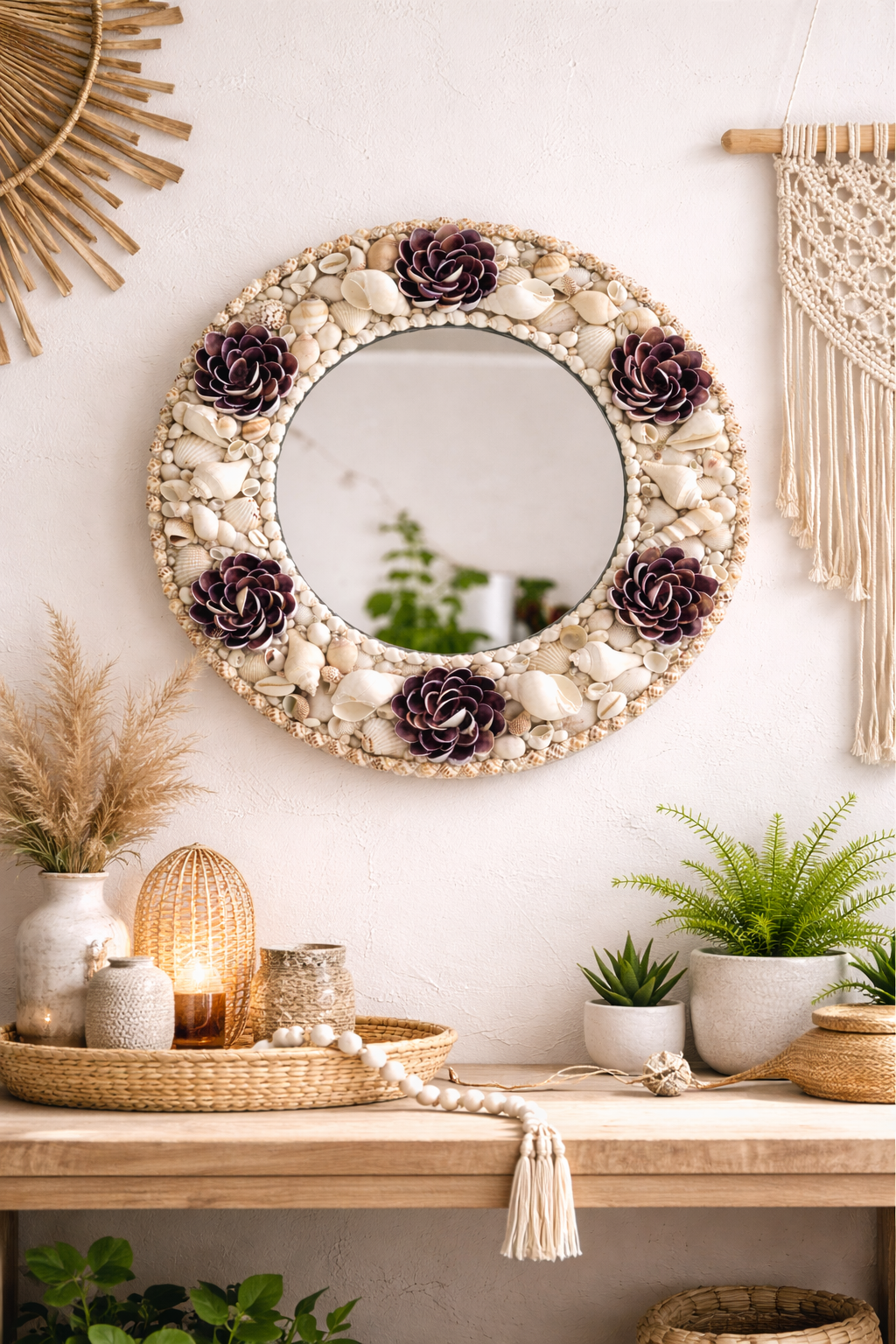 Lotus floral Handcrafted Sea Shell Mirror 17inch - Shellkrafts