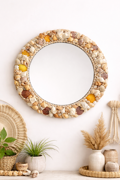 Handcrafted Coastal Seashell Mirror – Round Decorative Wall Mirror (20” Diameter)  Product Description: - Shellkrafts