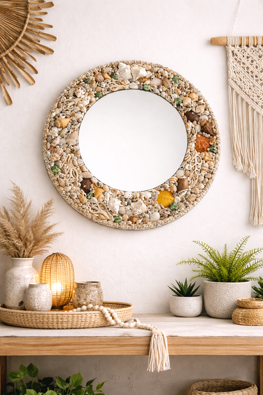 Handcrafted Coastal Seashell Mirror – Round Decorative Wall Mirror (20” Diameter)  Product Description: - Shellkrafts