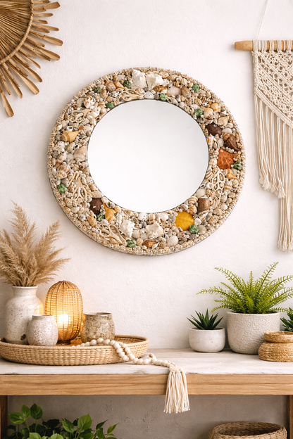 Handcrafted Coastal Seashell Mirror – Round Decorative Wall Mirror (20” Diameter)  Product Description: - Shellkrafts