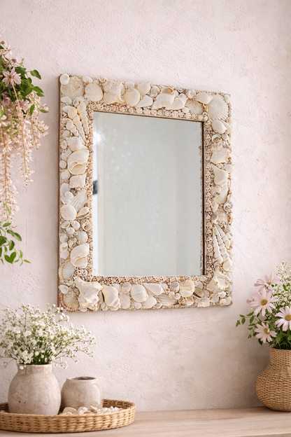 Handcrafted Square Seashell Mirror – Elegant White Coastal Wall Décor 15x19inch - Shellkrafts