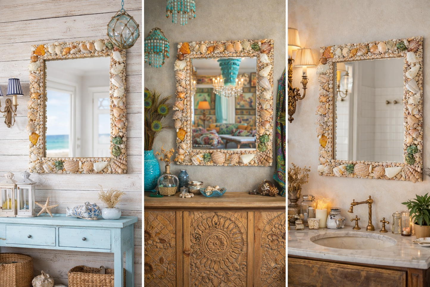 Handcrafted Square Seashell Mirror – Coastal Beach-Inspired Wall Décor 15x19Inch - Shellkrafts