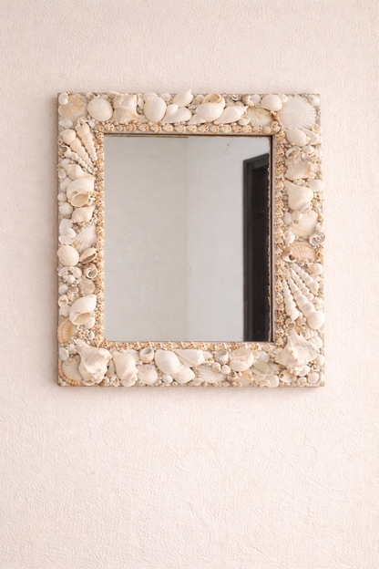 Handcrafted Square Seashell Mirror – Elegant White Coastal Wall Décor 15x19inch - Shellkrafts