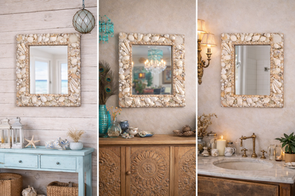 Handcrafted Square Seashell Mirror – Elegant White Coastal Wall Décor 15x19inch - Shellkrafts