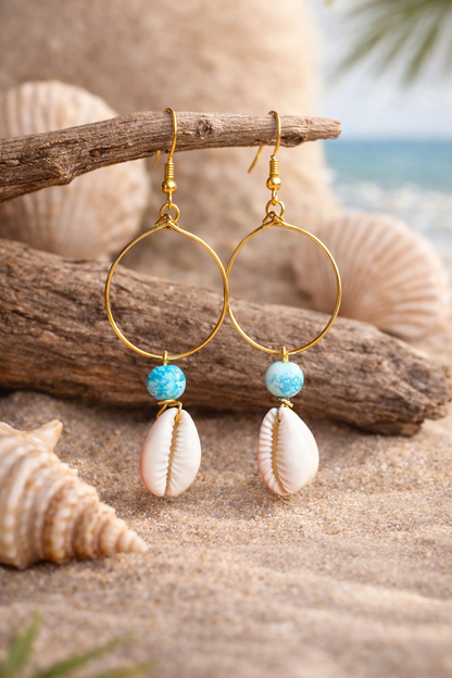 Golden Tide Cowrie Shell Beach Hoop Earrings - Shellkrafts