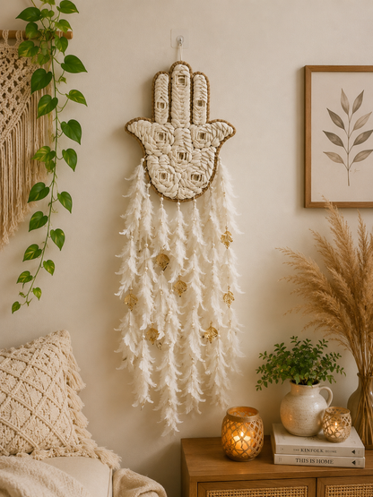 Hamsa Shell & Feather Dream Catcher – Symbol of Protection & Peace - Shellkrafts