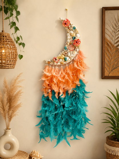 Boho Moonlit Seashell Dream Catcher – Coral & Teal Elegance 34inch