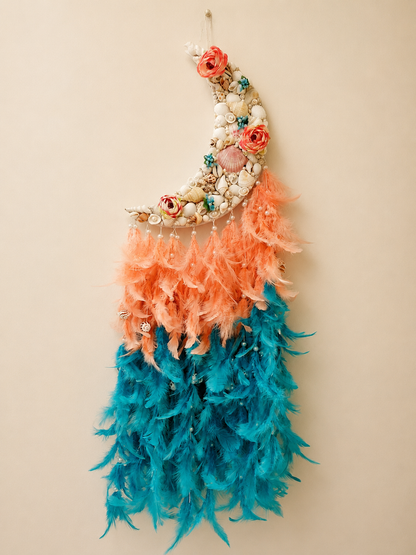Boho Moonlit Seashell Dream Catcher – Coral & Teal Elegance 34inch