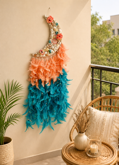 Boho Moonlit Seashell Dream Catcher – Coral & Teal Elegance 34inch