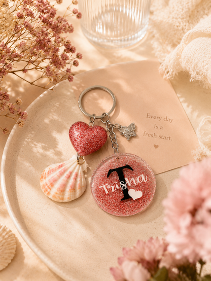 Personalized Glitter Keychain with Name, Shell Charm & Gift Box – Custom Name Keyring for Women & Girls - Shellkrafts