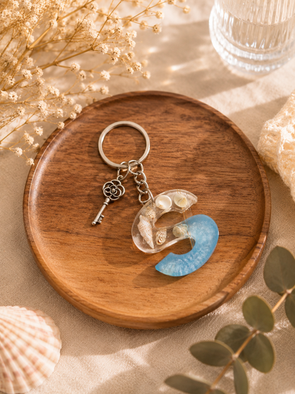 Resin Ocean Alphabet Keychain with Real Shells & Vintage Key Charm - Shellkrafts