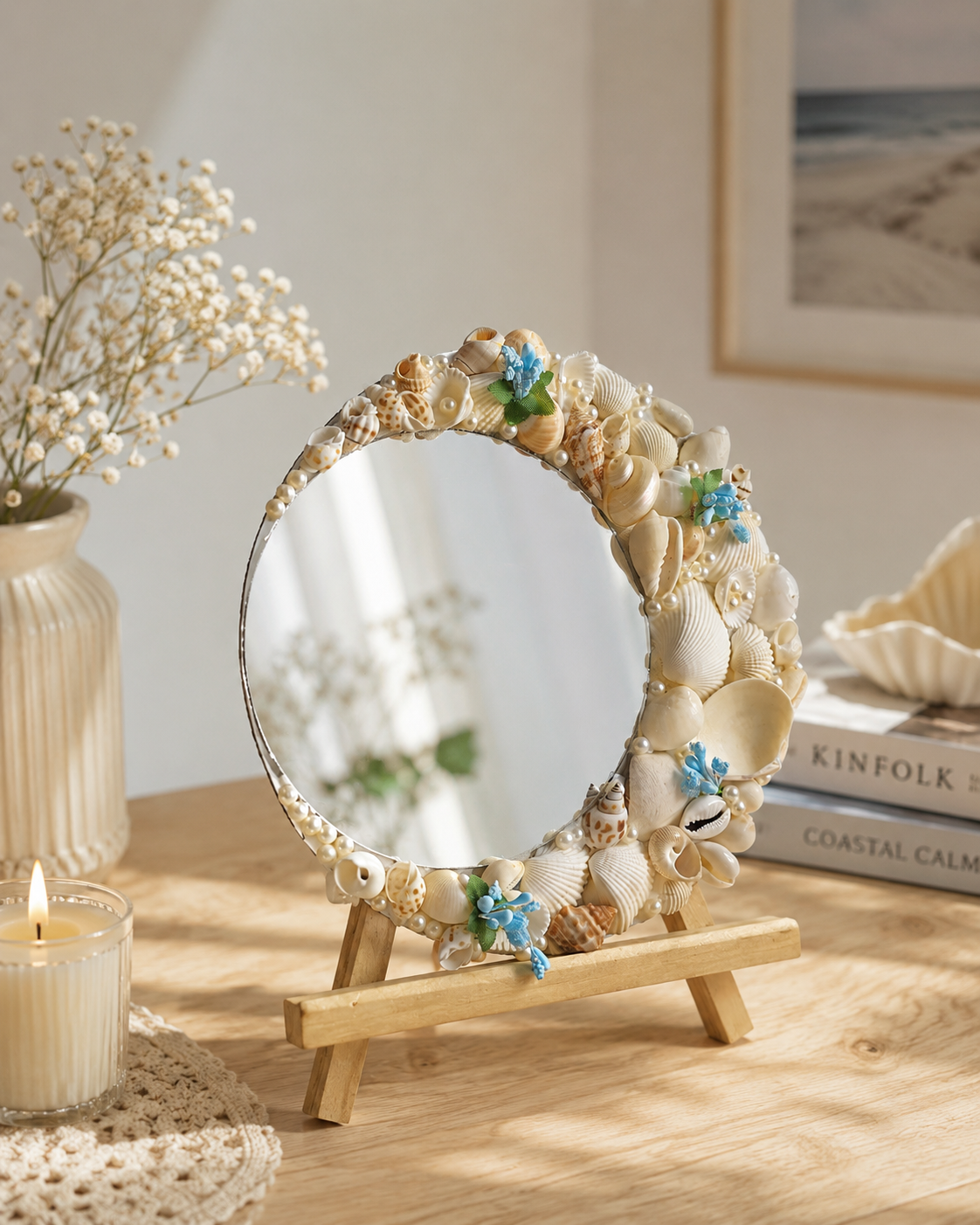 Handcrafted Seashell Decorative Crenscent Mirror 8Inch with wooden stand