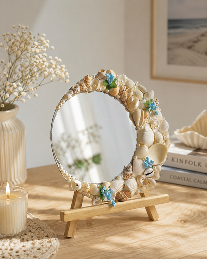 Handcrafted Seashell Decorative Crenscent Mirror 8Inch with wooden stand - Shellkrafts