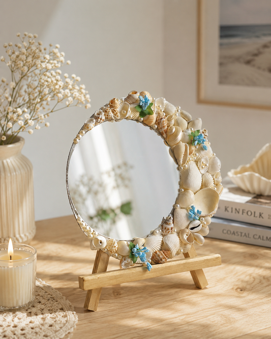 Handcrafted Seashell Decorative Crenscent Mirror 8Inch with wooden stand