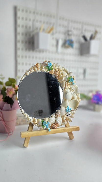 Handcrafted Seashell Decorative Crenscent Mirror 8Inch with wooden stand - Shellkrafts