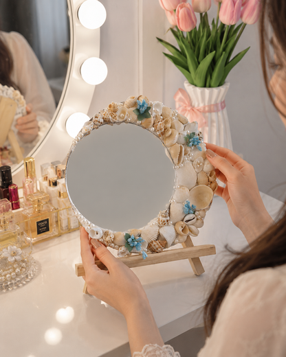 Handcrafted Seashell Decorative Crenscent Mirror 8Inch with wooden stand - Shellkrafts