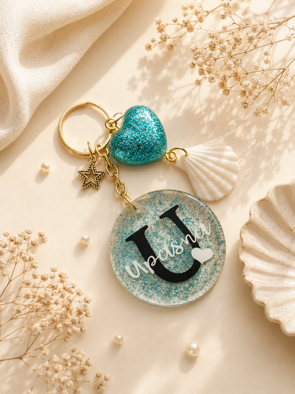 Personalized Name Keychain – Custom Glitter Charm with Shell & Heart Accents