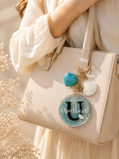 Personalized Name Keychain – Custom Glitter Charm with Shell & Heart Accents