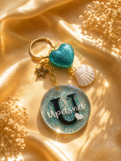 Personalized Name Keychain – Custom Glitter Charm with Shell & Heart Accents