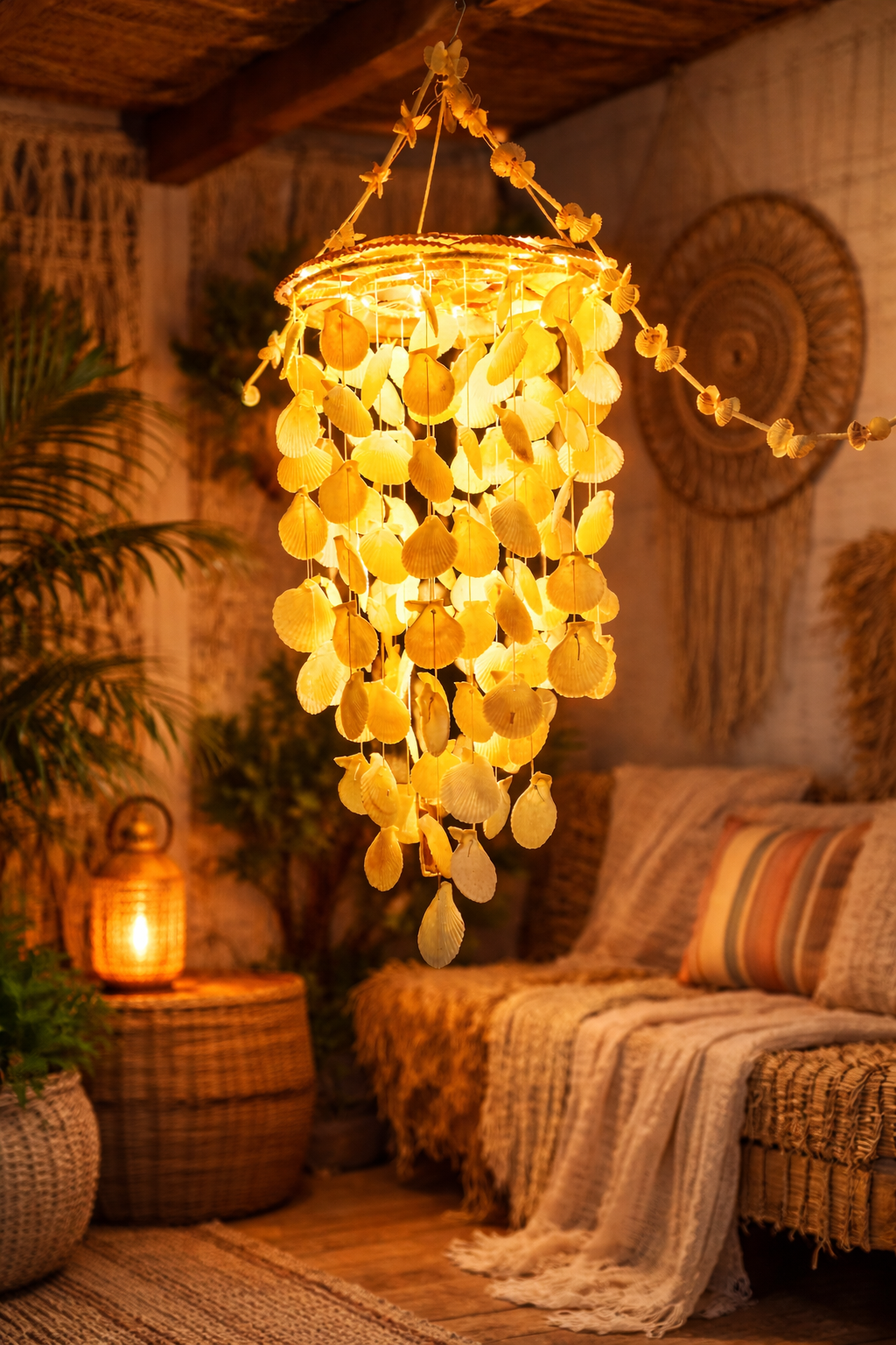 Handcrafted Seashell Hanging Lamp – Boho Coastal Shell Chandelier Light | Handmade Decorative Pendant Lamp for Living Room, Bedroom & Balcony - Shellkrafts