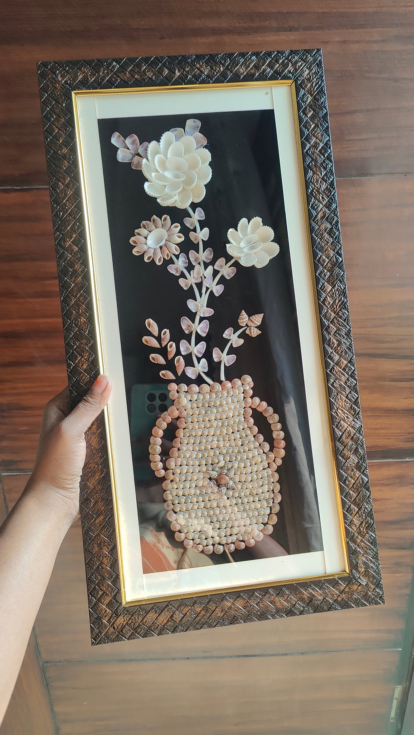 Handcrafted Seashell Flower Art in Decorative Frame