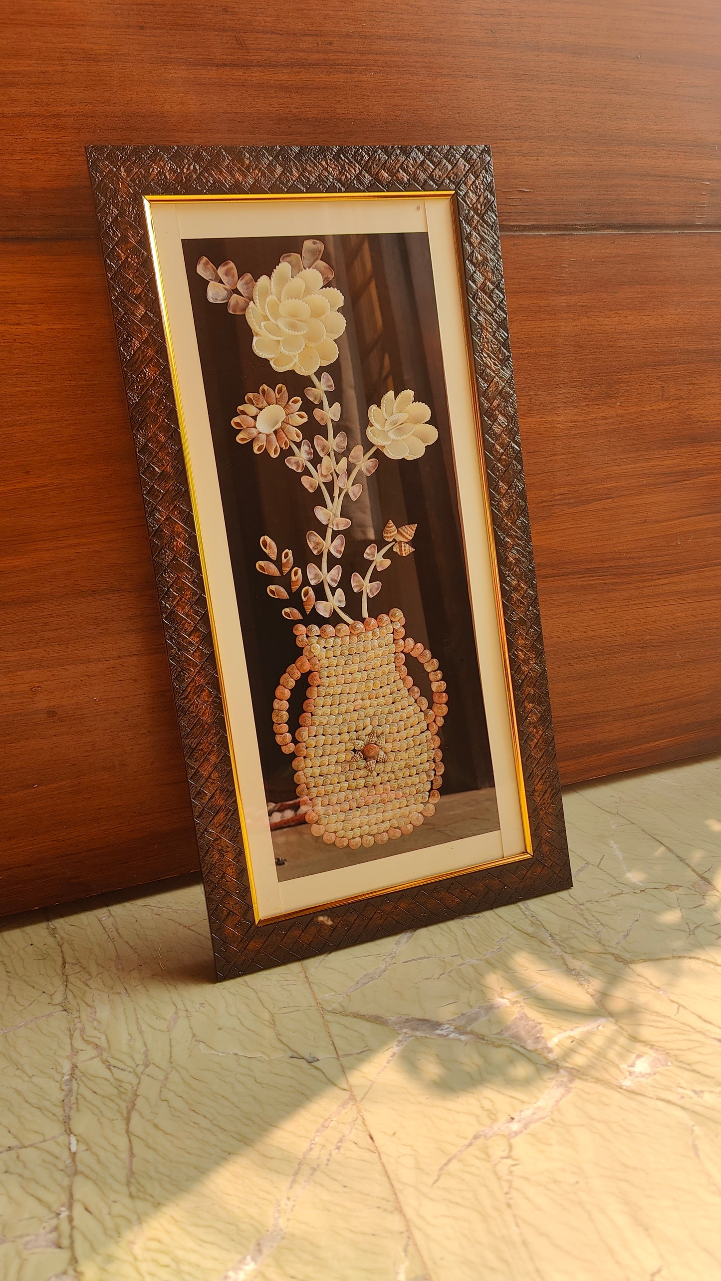 Handcrafted Seashell Flower Art in Decorative Frame