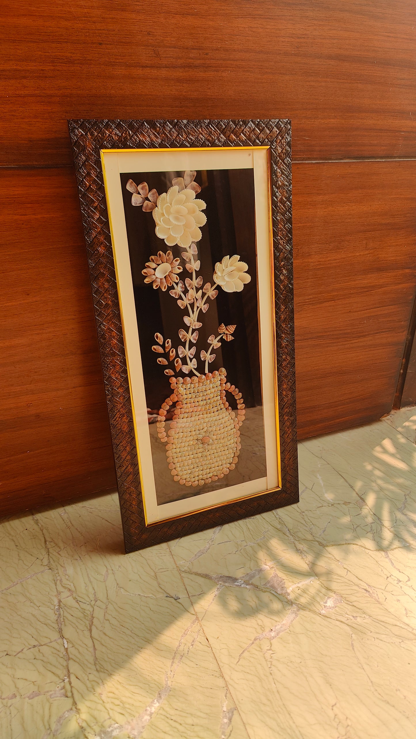 Handcrafted Seashell Flower Art in Decorative Frame