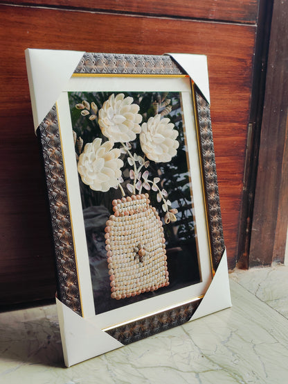 Elegant Handcrafted Seashell Flower Art with Ornate Frame - Shellkrafts