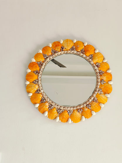 Handcrafted Round Seashell Mirror – Vibrant Orange Coastal Wall Décor 15inch - Shellkrafts