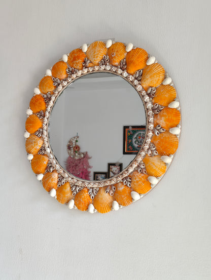 Handcrafted Round Seashell Mirror – Vibrant Orange Coastal Wall Décor 15inch - Shellkrafts