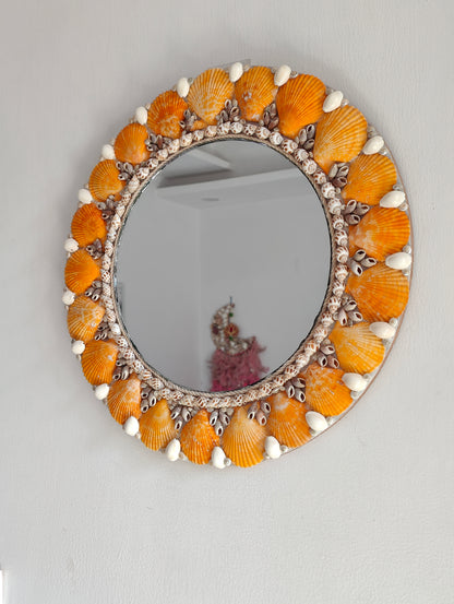 Handcrafted Round Seashell Mirror – Vibrant Orange Coastal Wall Décor 15inch - Shellkrafts