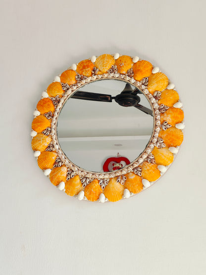 Handcrafted Round Seashell Mirror – Vibrant Orange Coastal Wall Décor 15inch - Shellkrafts