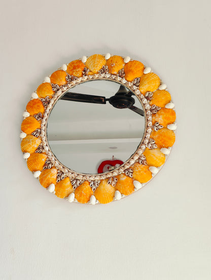 Handcrafted Round Seashell Mirror – Vibrant Orange Coastal Wall Décor 15inch - Shellkrafts