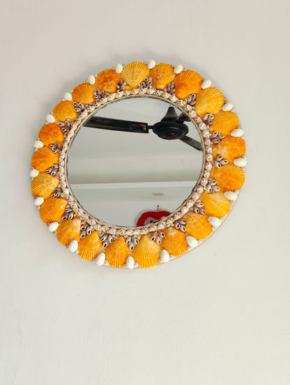 Handcrafted Round Seashell Mirror – Vibrant Orange Coastal Wall Décor 15inch - Shellkrafts