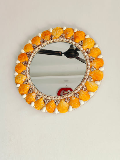 Handcrafted Round Seashell Mirror – Vibrant Orange Coastal Wall Décor 15inch - Shellkrafts