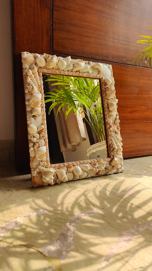 Handcrafted Square Seashell Mirror – Elegant White Coastal Wall Décor 15x19inch - Shellkrafts