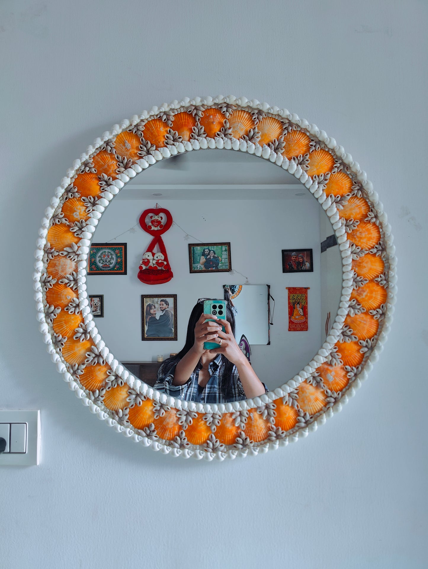 Sunset Tide: Handcrafted Mirror with Vibrant Orange Seashells 24inch
