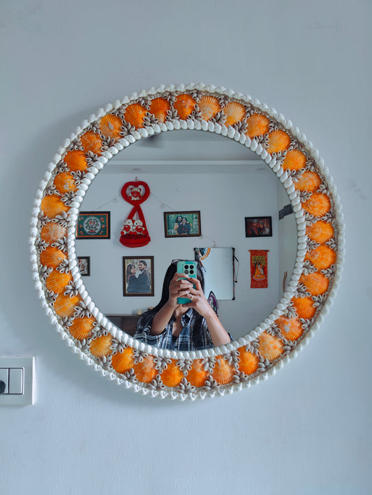 Sunset Tide: Handcrafted Mirror with Vibrant Orange Seashells 24inch
