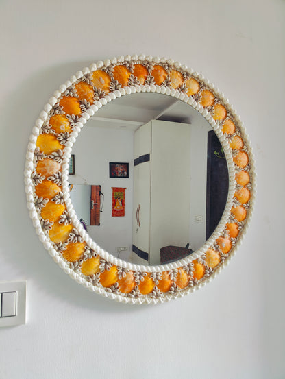 Sunset Tide: Handcrafted Mirror with Vibrant Orange Seashells 24inch - Shellkrafts