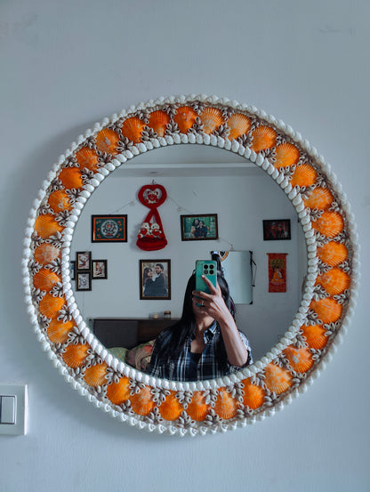 Sunset Tide: Handcrafted Mirror with Vibrant Orange Seashells 24inch - Shellkrafts