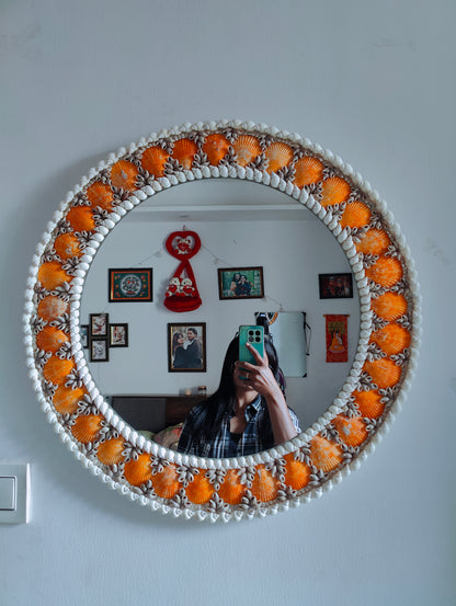 Sunset Tide: Handcrafted Mirror with Vibrant Orange Seashells 24inch - Shellkrafts