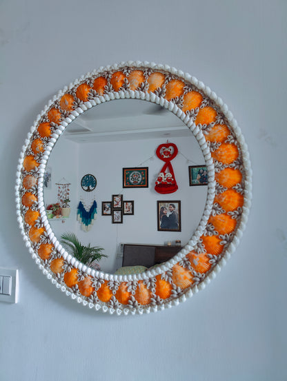 Sunset Tide: Handcrafted Mirror with Vibrant Orange Seashells 24inch - Shellkrafts