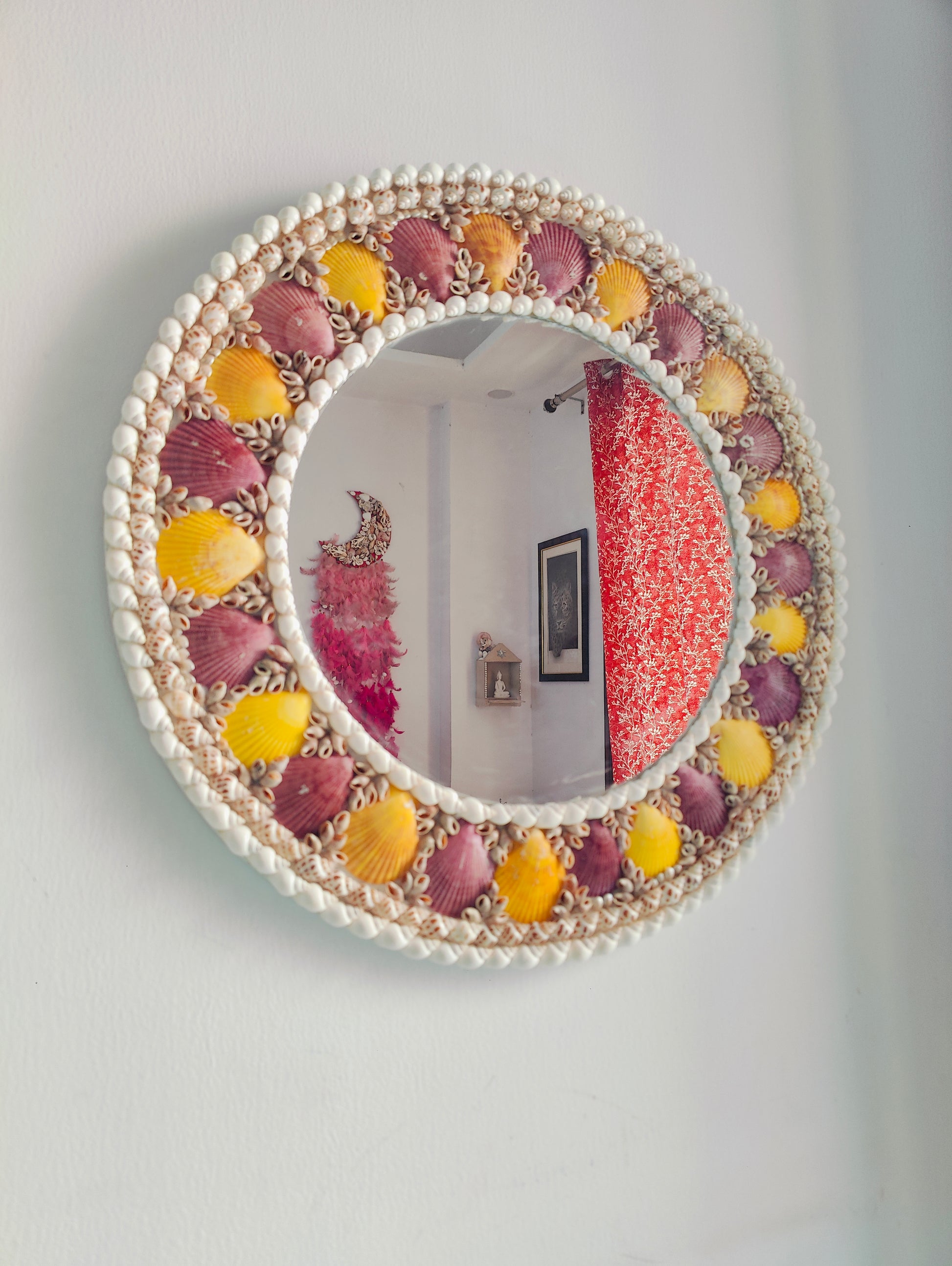 Handcrafted Seashell Wall Mirror – Round Coastal Decor with Yellow & Purple Shells - Shellkrafts
