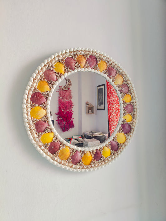 Handcrafted Seashell Wall Mirror – Round Coastal Decor with Yellow & Purple Shells